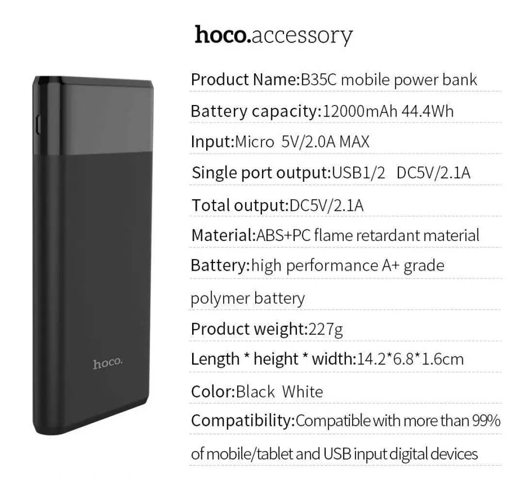 HOCO 12000 mAh power Bank 2.1A Быстрая Зарядка Внешний аккумулятор для iPhone Xiaomi huawei Запчасти