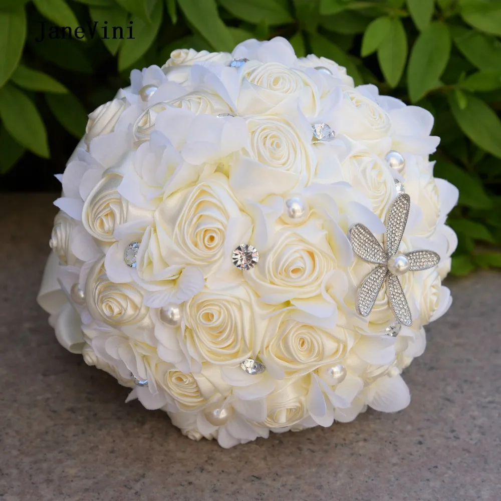 

JaneVini Romantic Ivory Crystal Bridal Bouquets Wedding Bridal Artificial Flower Rose Brides Wedding Brooch Bouquet De Mariage