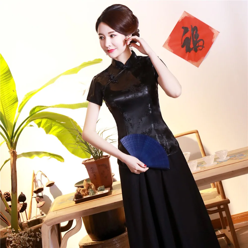 Шанхай история короткие Cheongsam Топ Традиционный китайский искусственный шелк/Атласный топ Дракон и Феникс Вышивка Блузка Топ Qipao рубашка