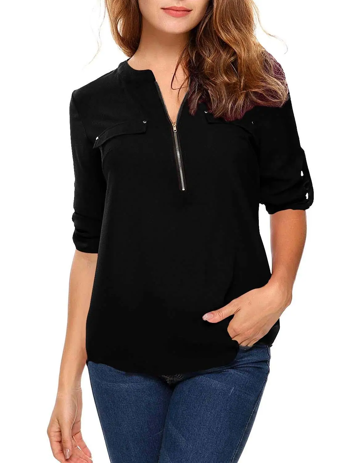 Женская блузка на молнии с металлическим украшением однотонная розовая рубашка