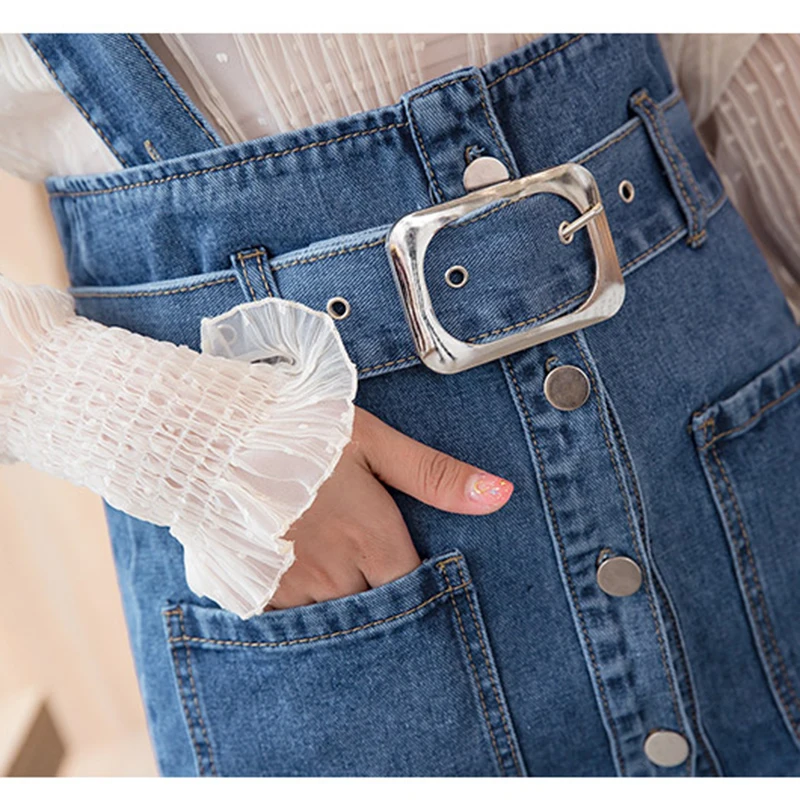 Women'S Skirt High Waist Suspender Denim Skirts With Sashes Spring Summer Elastic Student Jumper Overall Skirts Female