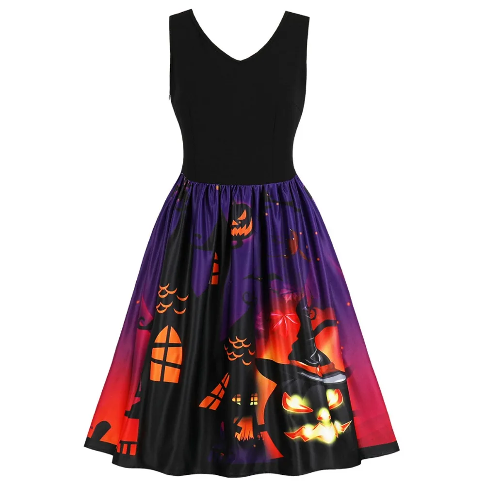 Женщина-кошка Тыква печати Хэллоуин платье Хепберн Винтаж Для женщин платья с