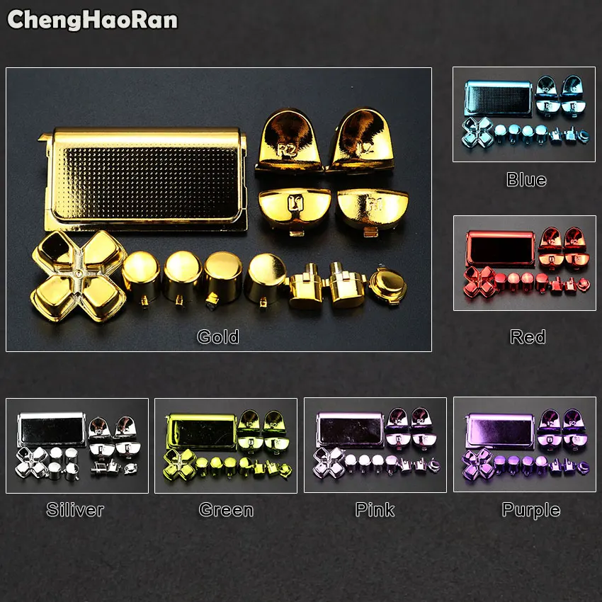 ChengHaoRan Full Buttons Mod Kits Set Chrome Color For Sony PS4 Controller R1 L1 R2 L2 ABXY D-pad Key Buttons W/ Battery Cover