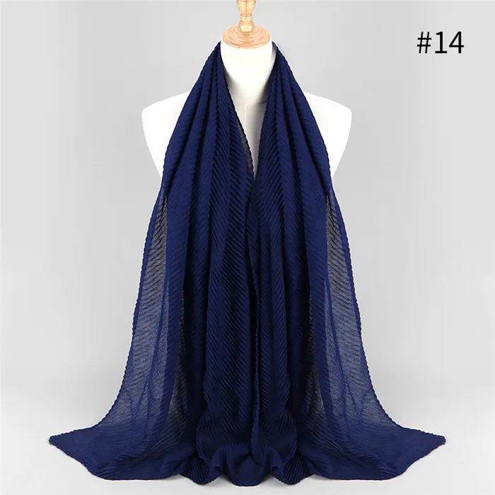 color14 navy 90*180 см, более размера, Женский хлопковый шарф с морщинами и пузырьками, мусульманский хиджаб, шарф, тюрбан, повязка на голову, одноцветные плиссированные шарфы - Цвет: color14 navy
