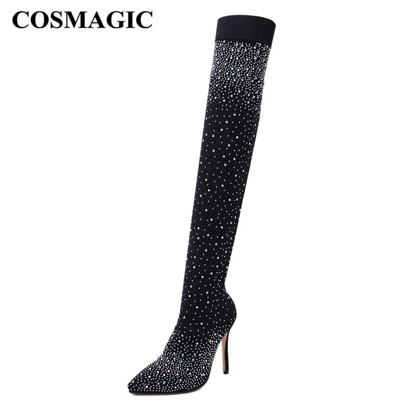 Новинка 2019 женские эластичные сапоги чулки COSMAGIC с острым носком и кристаллами