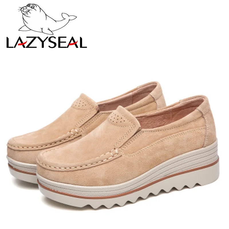 LazySeal/Женская обувь; кроссовки на платформе; обувь на плоской подошве; Повседневная обувь из натуральной замши на толстой подошве; Мокасины без застежки - Цвет: Apricot