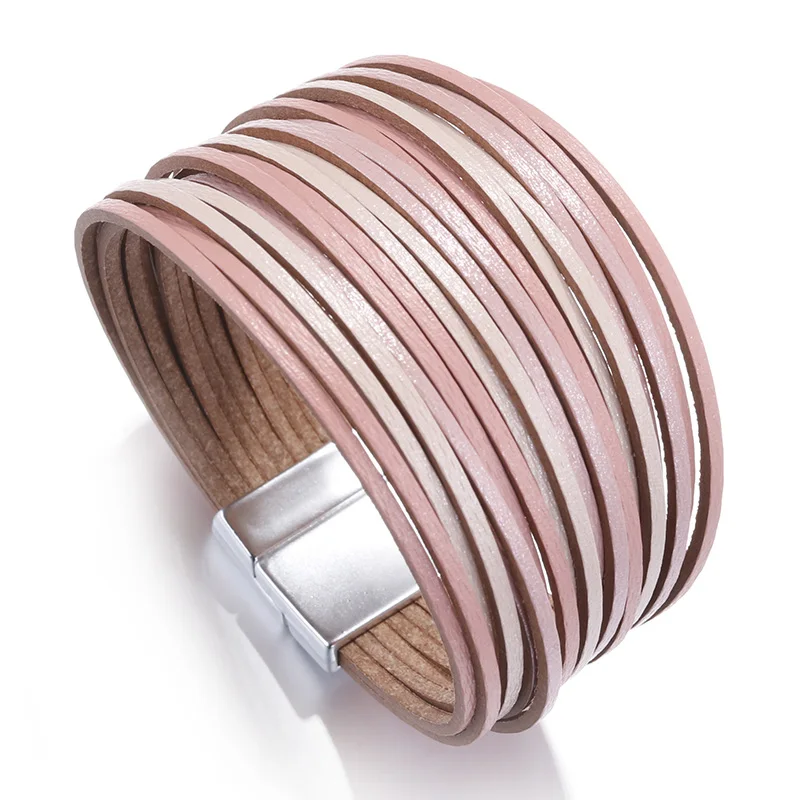 Pink AENSOA, винтажные кожаные браслеты для женщин, новинка, несколько слоев, шарм, тонкие полоски, широкий браслет и браслет, модные ювелирные изделия - Окраска металла: Pink