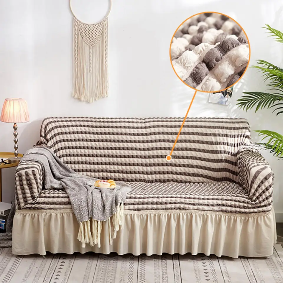 Striped Beige Евро Жаккардовые чехлы для диванов с юбкой эластичные чехлы для диванов для гостиной, мебель для диванов, чехлы для диванов - Цвет: Striped Beige