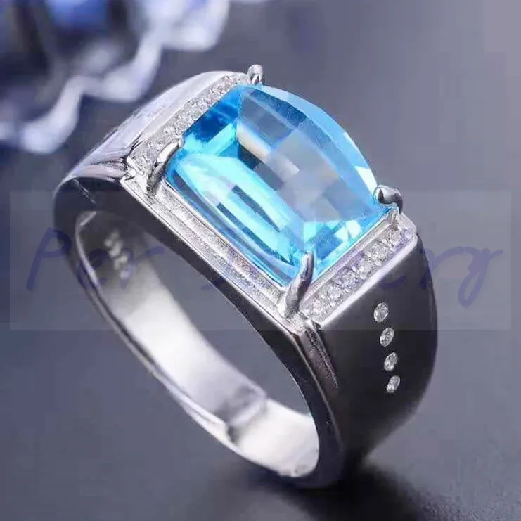 Мужское кольцо из серебра 925 пробы с натуральным голубым топазом 6 карат|rings free