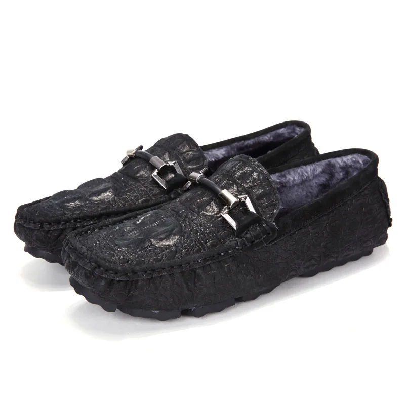 WDE-8003-1-Black Men Loafers Plush Keep Warm Soft Moccasins Winter Suede Leather Slip On Shoes Casual Mens Fur Flats Gommino Driving Shoes Black - Цвет: WDE-8003-1-Black