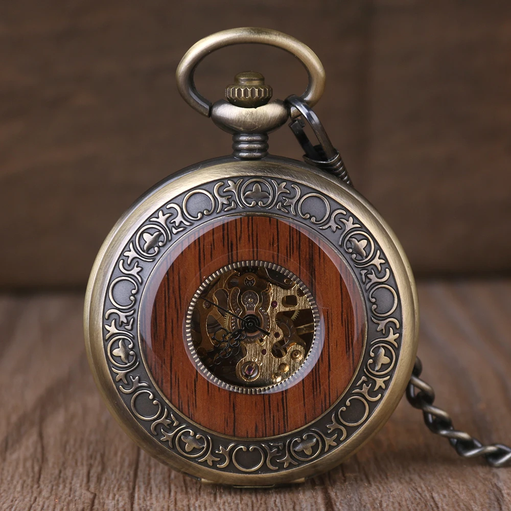 

Wooden Men Pocket Watch Cool Luxury Lover Gift Chain Mechanical Hand Winding Bronze Watch Skeleton Steampunk Men Watch