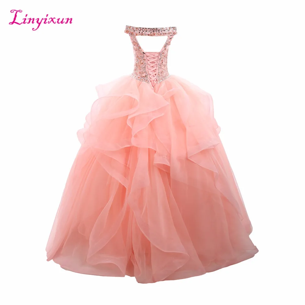 Linyixun реальное фото сексуальное бальное платье с кристаллами платья для Quinceanera