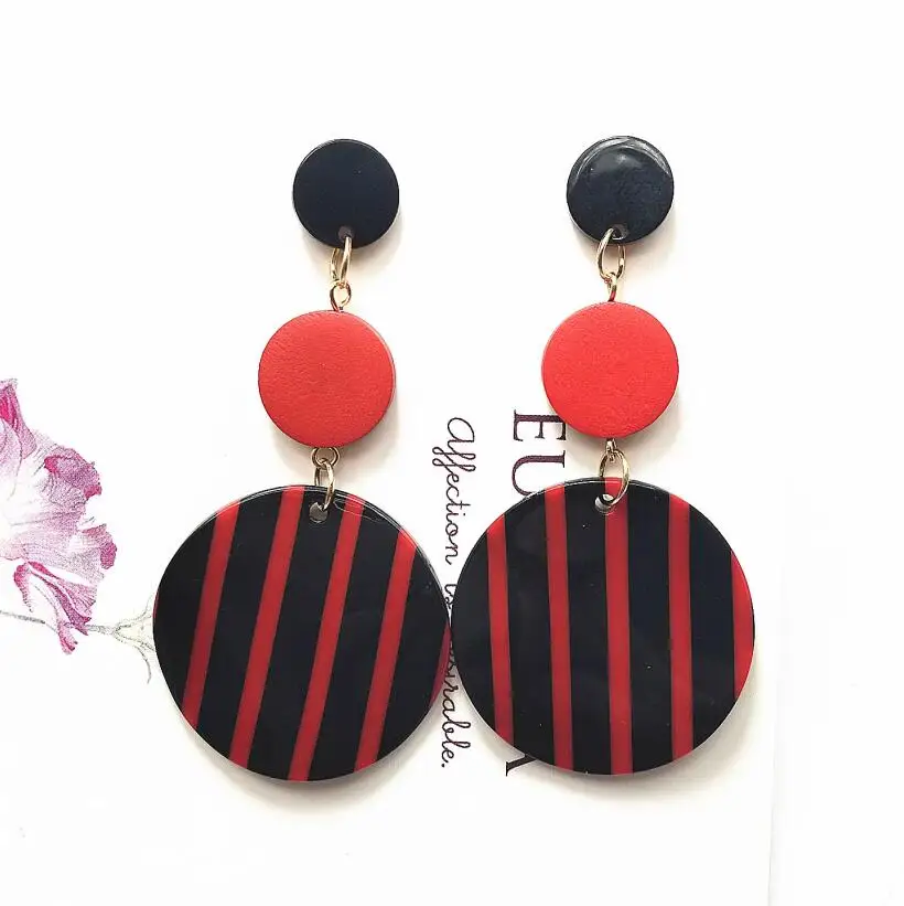 red red black Черные белые большие круглые серьги для женщин, длинные висячие серьги-капли, новинка, корейские серьги в полоску - Окраска металла: red red black
