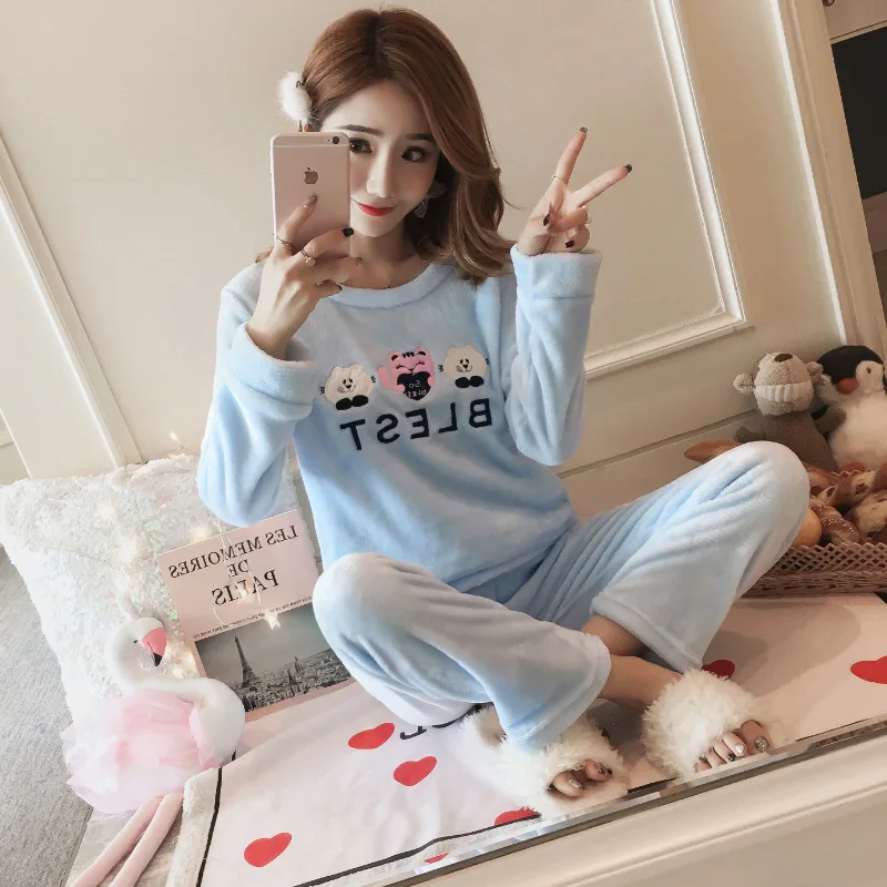 Женские пижамные комплекты с круглым вырезом, с принтом, с длинным рукавом, Kawaii, простые пижамы для женщин, Корейская зима, мультяшная Милая Домашняя одежда, Модный шик