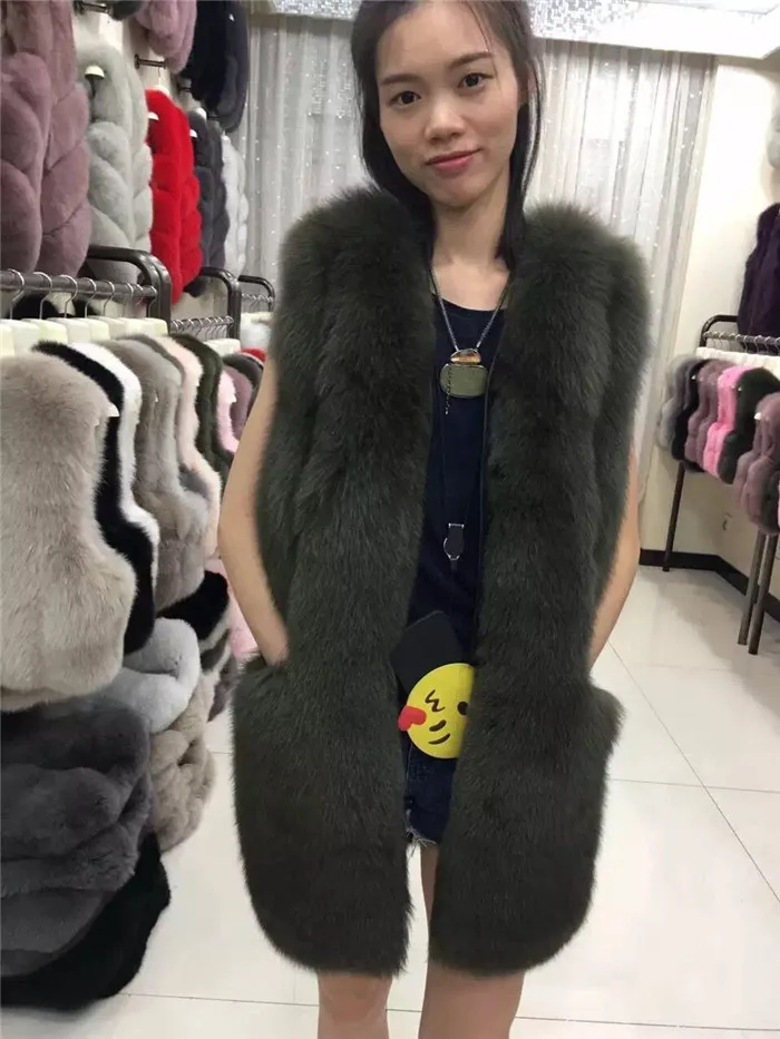 Зимние Модные женские меховые пальто толстые теплые из натурального Лисьего меха жилет без рукавов Длинная Куртка
