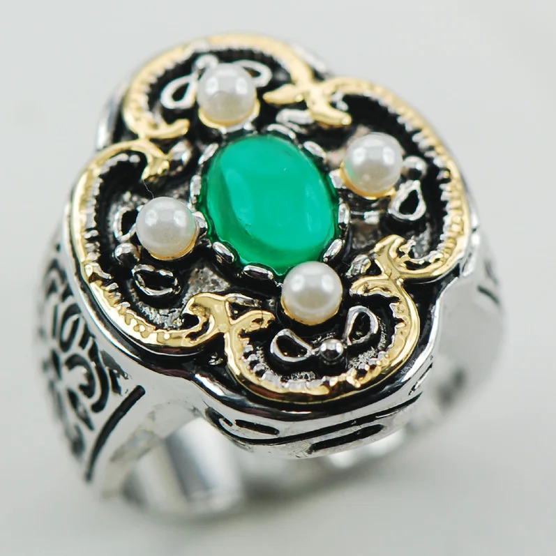 

Simulated Emerald Wtite Pearl 925 Sterling Silver Ring Size 6 7 8 9 10 F993