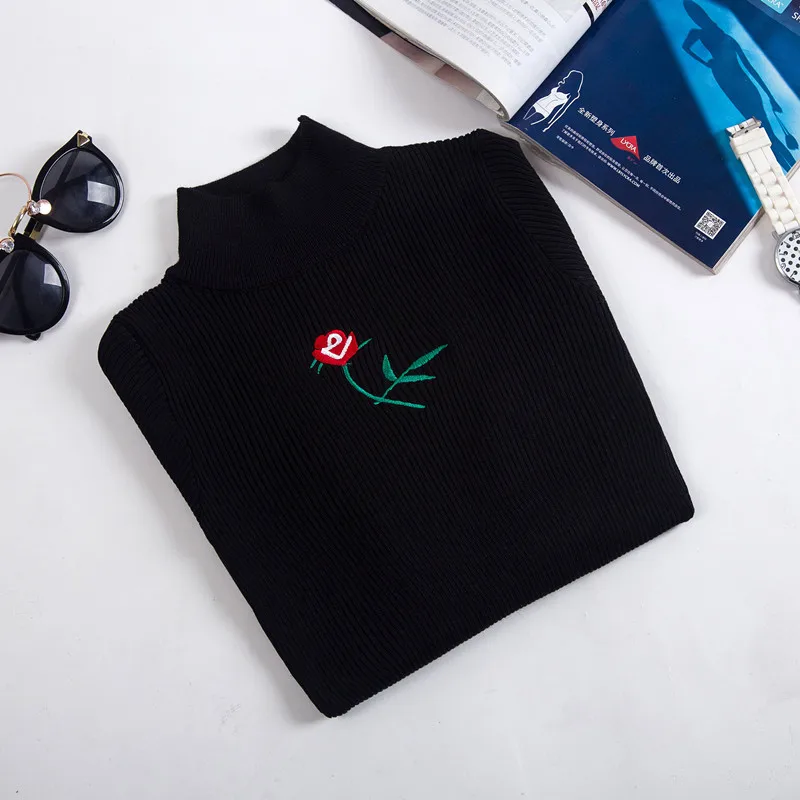 Шикарная роза Вышивка Половина Высокий воротник женщина основной Вязание