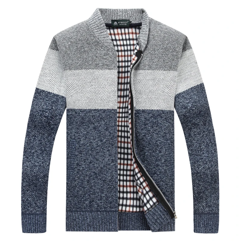 

New Arrival Men Sweaters Casual Wool Warm Thick Warm Cardigan Striped Stand Collar Cotton Material Zipper Thin Wool Sweater