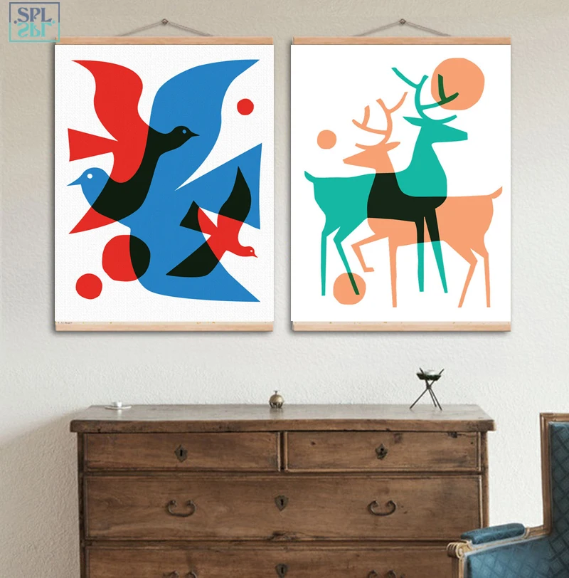 SPLSPL скандинавские Декоративные животные Холст Искусство Плакат олень птицы тени