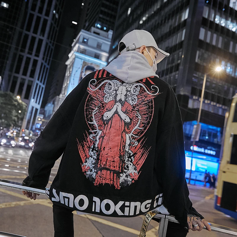 2018 осень сатана рогатый оккультных символ печатных разорвал Джинсовые куртки