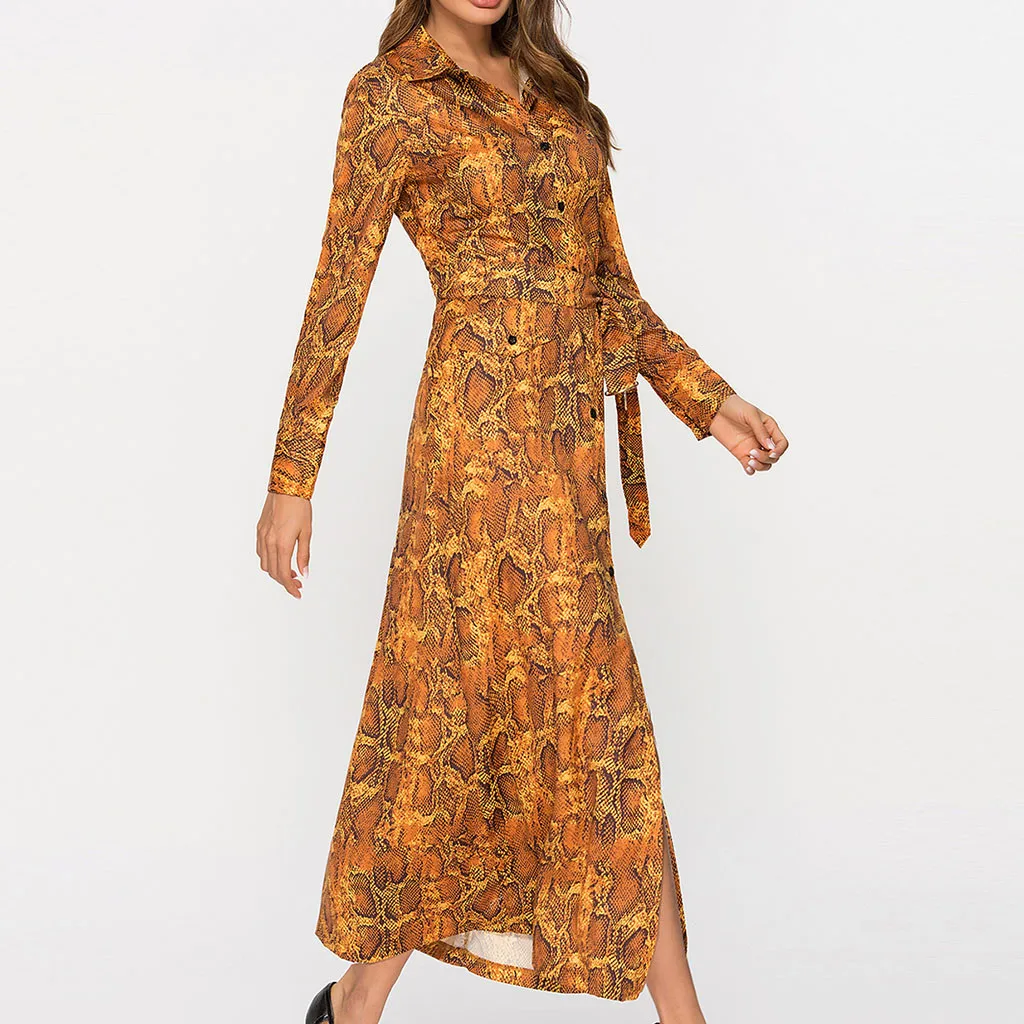 JAYCOSIN Snake Skin Print Vintage Maxi Dress Women Clothes Autumn Long Sleeve Sexy Party Office Ladies Dresses dropshipping 429W | Женская