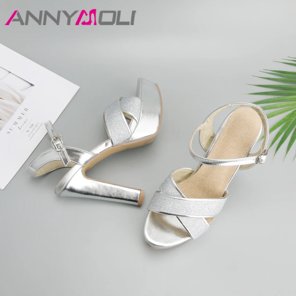 Женские босоножки на высокой платформе ANNYMOLI серебристые модные вечерние туфли