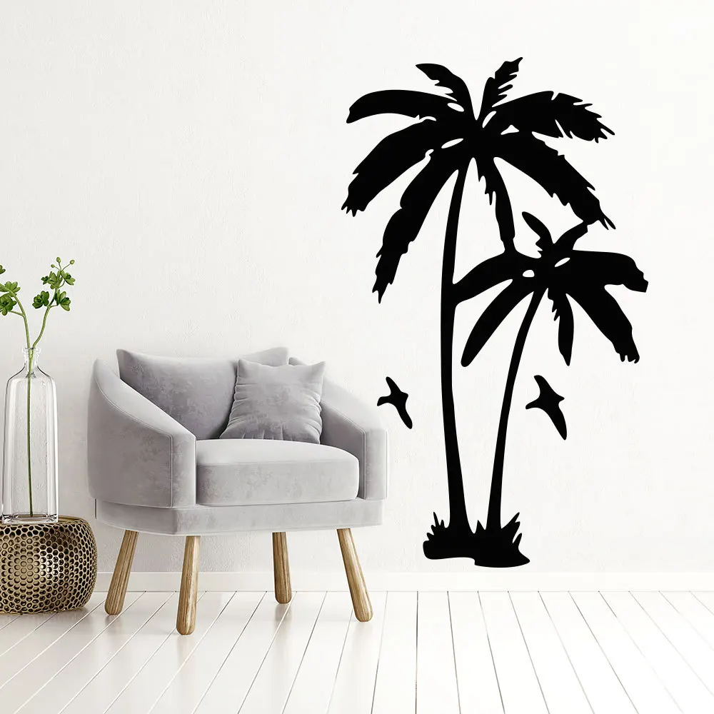 

Виниловая наклейка на стену с пальмами на море и пляже, украшение для дома, наклейка с пальмами стена чайки, летнее дерево, виниловая Фреска AC253