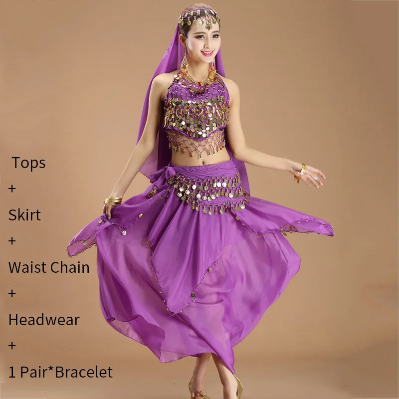 Purple 5pc Костюм для танца живота женский Восточный танец леди болливудские Танцы платье индийский танец блестки юбка для танца живота костюм для женщин - Цвет: Purple 5pc