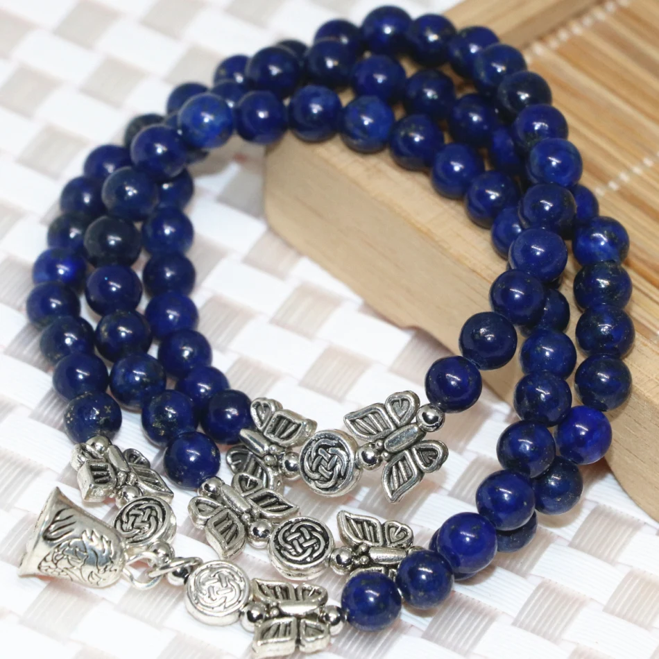

Natural stone blue lapis lazuli multilayer bell pendant long strand bracelets 6mm round beads silver-color women jewelry B2240