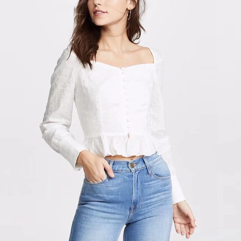 Летние женские топы и блузки Корейская белая блузка с квадратным воротником