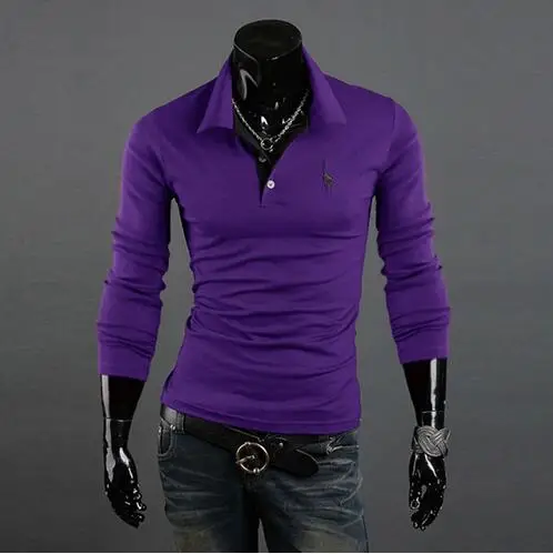 Фиолетовый Мужская рубашка поло Slim Fit с длинным рукавом однотонные рубашки модные повседневные футболки мужские Camisa Polo Masculina плюс размер XXXL - Цвет: Фиолетовый