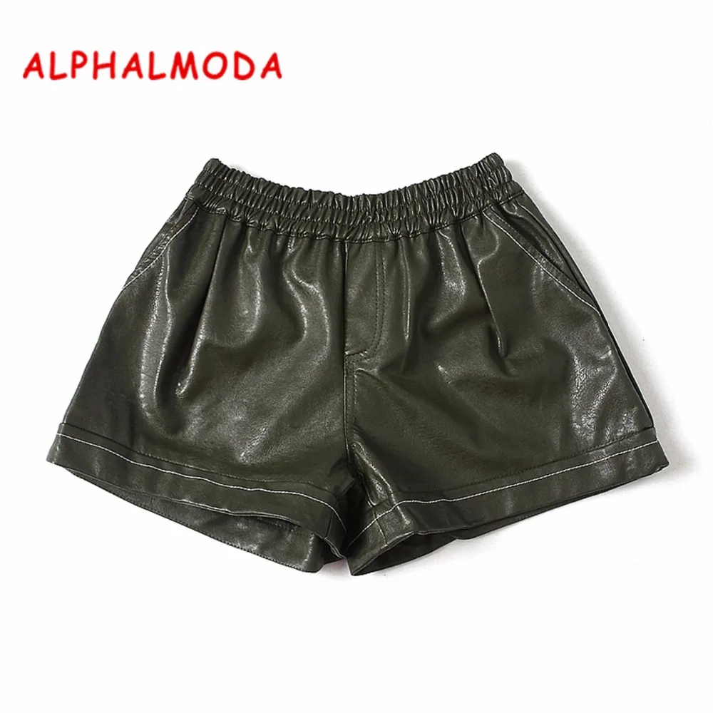 ALPHALMODA осенние женские шорты из искусственной кожи сплошной цвет изгибающий манжета, карман эластичный пояс шорты M-L