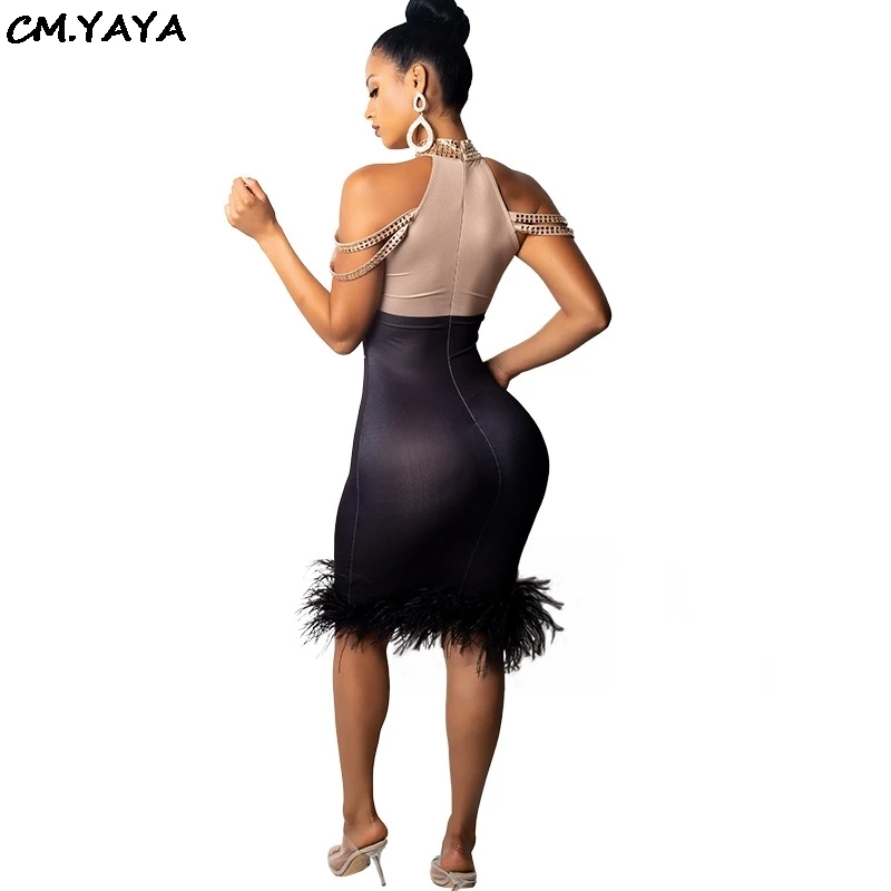 Женское Бандажное платье с открытыми плечами Платье До Колена меховым подолом и