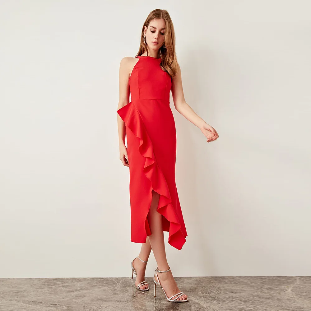 

2019 Women Dress Sexy Club Night Halter Ruffled Red Sleeveless Dress for Office Lady Elegant Wedding Bridmaid Wear