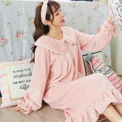 1830 pink striped Осень и зима милый коралловый бархат утолщение халат женский плюс длинный фланелевый lounge дамы оборками воротник ночная рубашка халат - Цвет: 1830 pink striped
