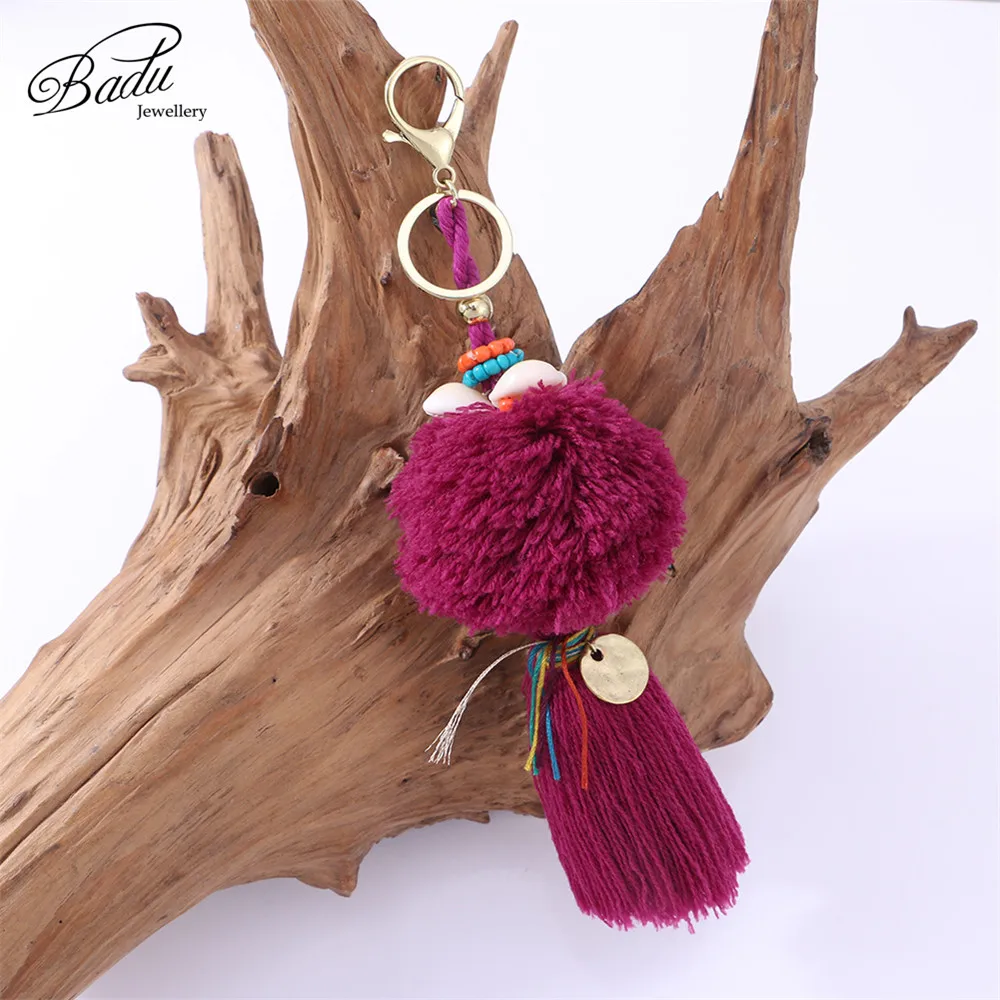 Badu Pompom Key Chain Purple Cotton Tassel Vintage Statement jewelry Shell Fringe Autumn Winter Wholesale | Украшения и