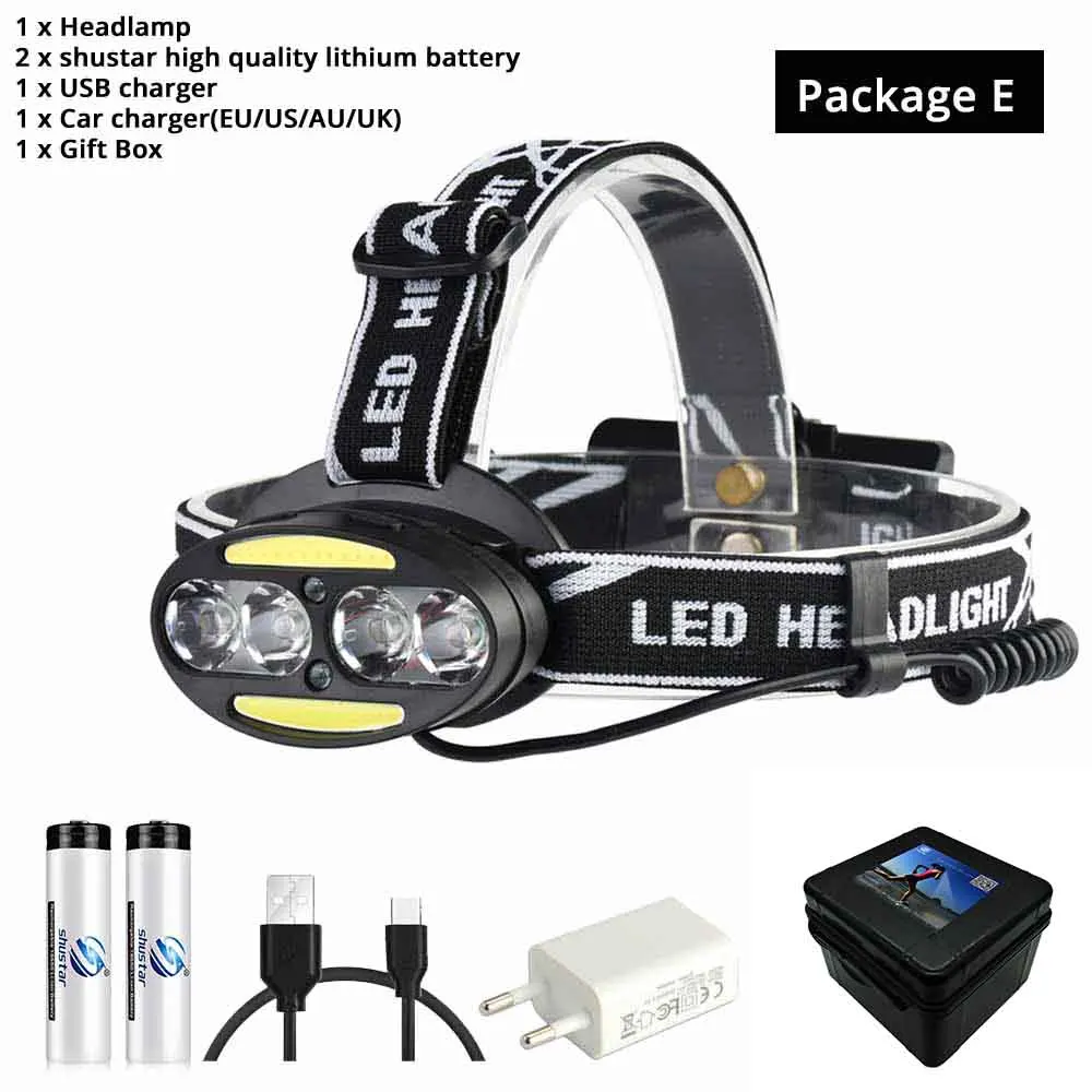 Package E Супер яркий светодиодный налобный фонарь 4 x T6+ 2 x COB+ 2 x Красный светодиодный водонепроницаемый светодиодный налобный фонарь 7 режимов освещения с зарядным устройством - Испускаемый цвет: Package E