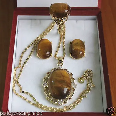 

Jewelry Tiger Eye Stone Ring Earrings Pendant Set *- watch wholesale Quartz stone CZ crystal