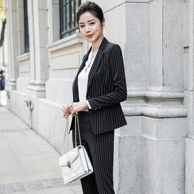 Женские деловые черные белые синие брюки с полосками женские костюмы плюс размер