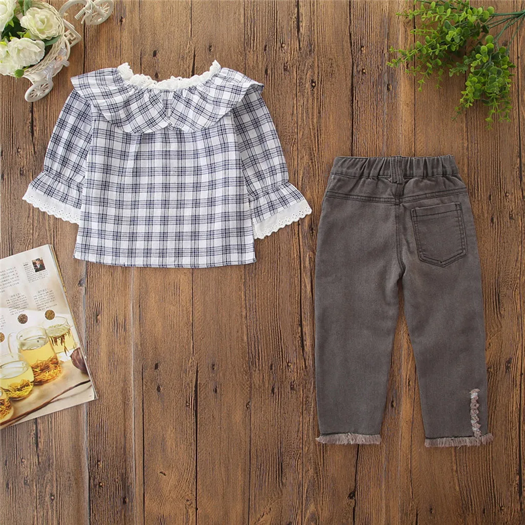 Детский комплект одежды для маленьких девочек клетчатая рубашка с открытыми