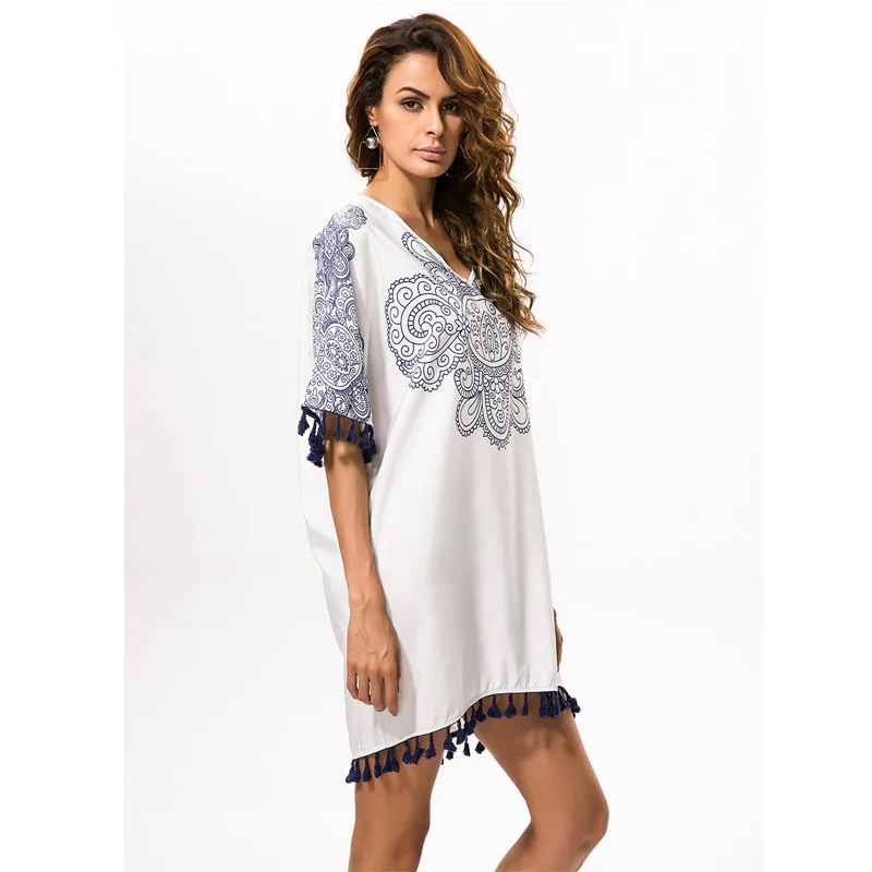 Для женщин платье синий и белый фарфор Тотем печати бахромой Большие размеры