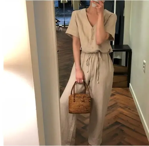 Женский комбинезон свободный с коротким рукавом из хлопка и льна в Корейском