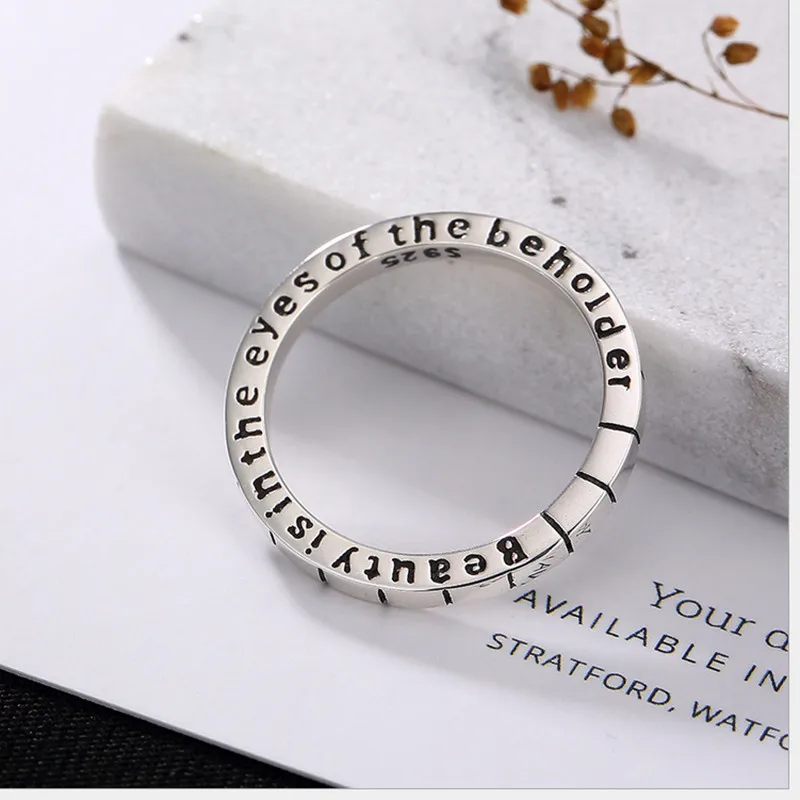 Uglyless Real S 925 Sterling Silver Handmade Engraved Letters Ring Women Rings Beauty is in the eyes of Beholder Proverb Bijoux | Украшения