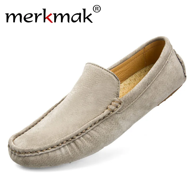 Khaki Soft Loafers Merkmak/брендовые модные мягкие мокасины; мужские лоферы; Высококачественная обувь из натуральной кожи; Мужская замшевая обувь для вождения на плоской подошве - Цвет: Khaki Soft Loafers
