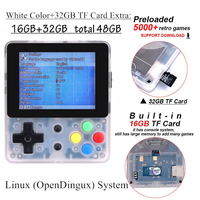 White 32GB TF Card TSINGO DIY Linux система LDK игровая консоль 16 Гб памяти 1000+ игры 2,6 дюймов экран AV выход Ретро ручной карманный мини-игровой плеер - Цвет: White 32GB TF Card