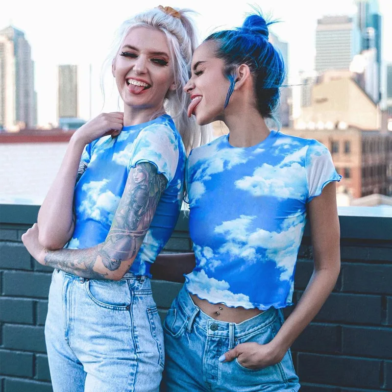 Модные сетчатые прозрачные женские топы с синим небом и белым облаком женская