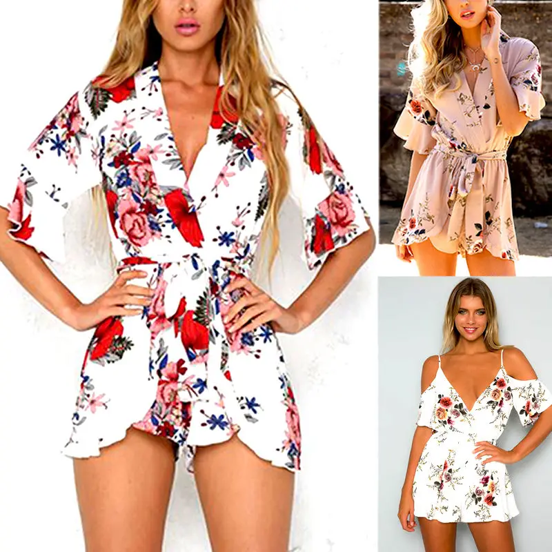 

Women Halter Playsuit Flower Printed Casual Loose Playsuits Summer Cool Clothes Summer Fashion Ladies Clothing
