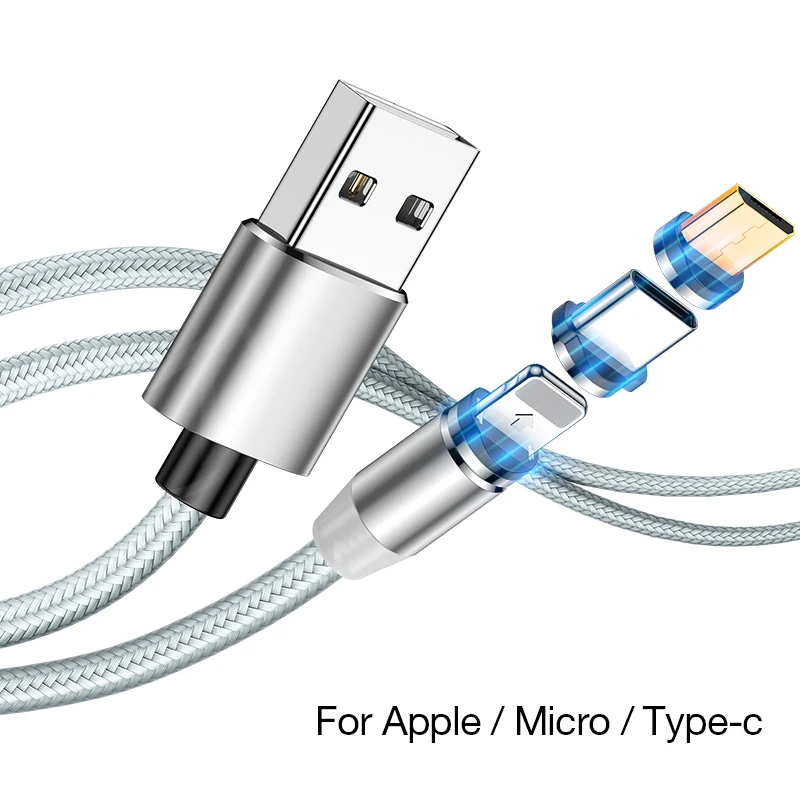 MOOJECAL светодиодный магнитный USB кабель для iPhone Xs Max 8 7 6 Plus usb type C кабель Micro USB кабель для samsung Xiaomi huawei USB C - Цвет: Silver