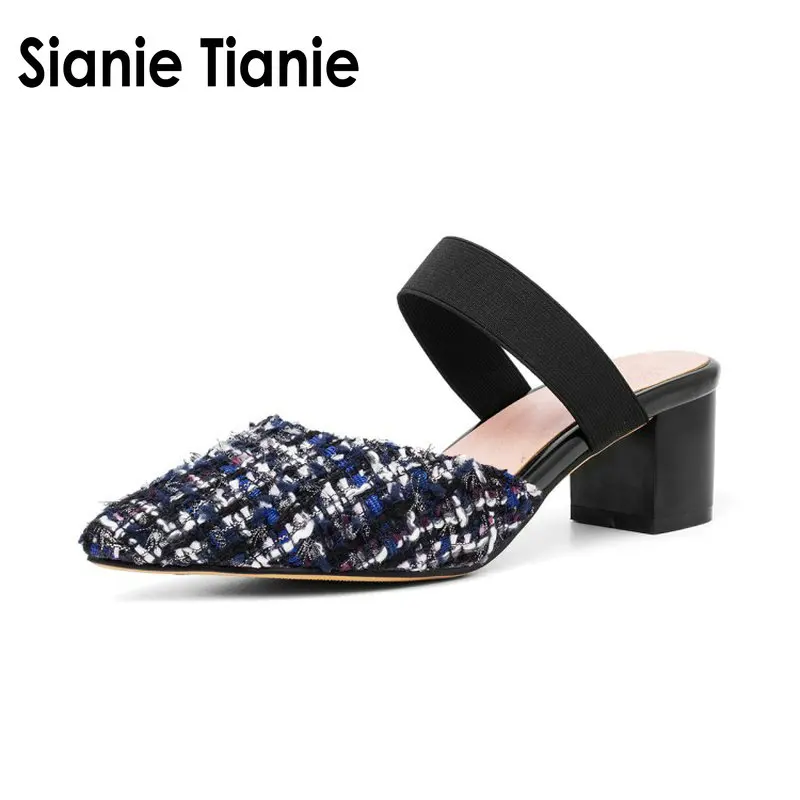 Женские клетчатые шлепанцы на квадратном каблуке с заостренным носком размеры