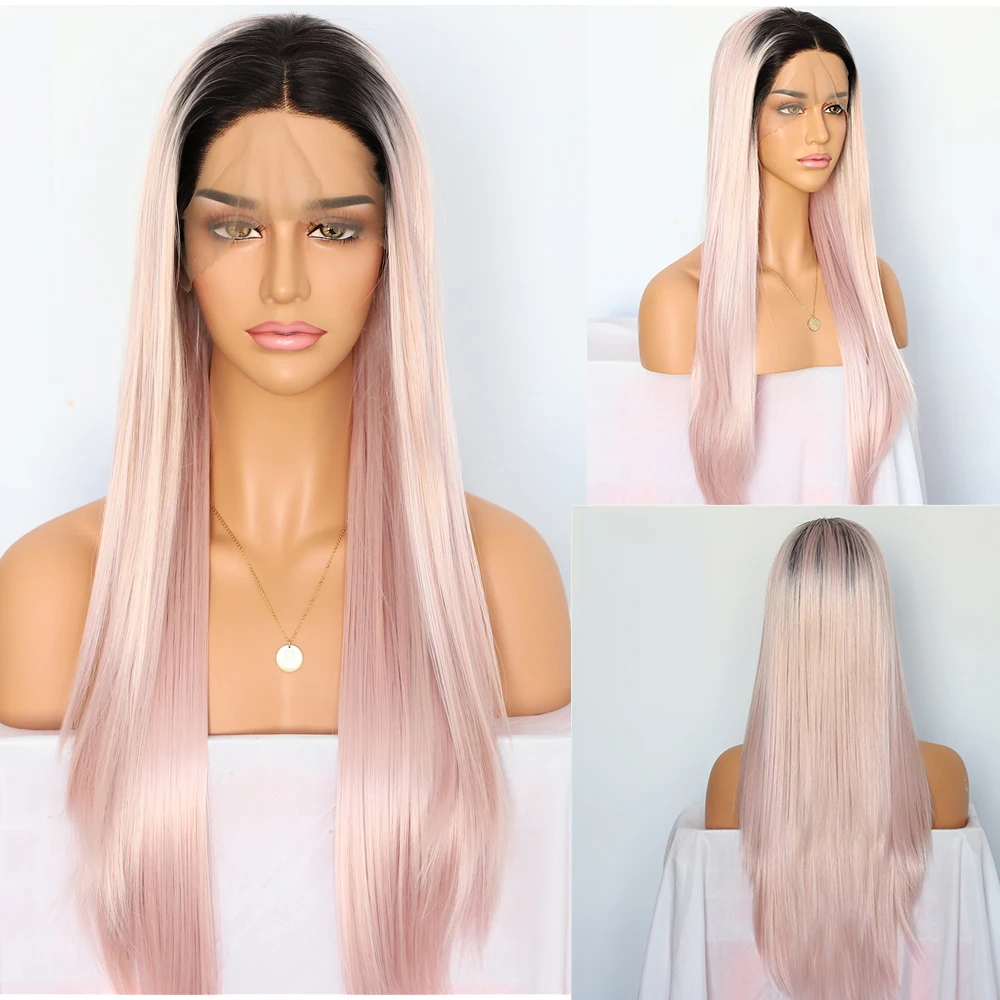 Lvcheryl Ombre от темных корней к розовому натуральные длинные шелковистые прямые